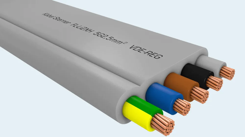 VDE-Flachbandleitung mit grauem Mantel und farbigen Adern